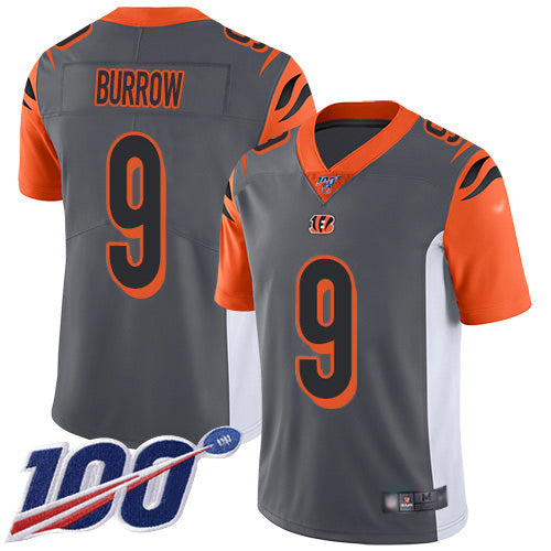 Custom Bengals #9 Joe Burrow Silver Men’s Stitched NFL Limited Inverted Legend 100th Season Jersey