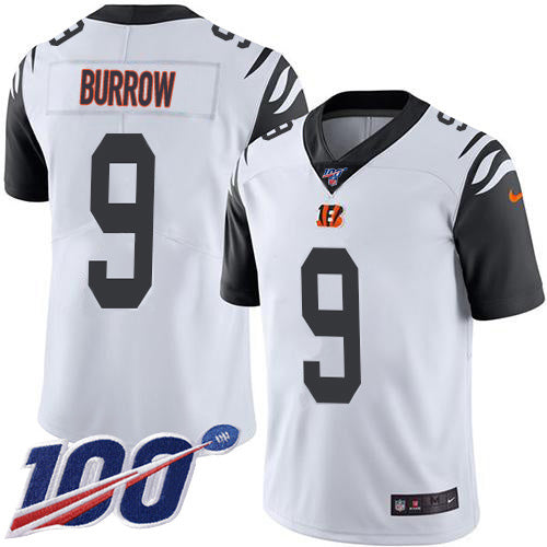 Custom Bengals #9 Joe Burrow White Men’s Stitched NFL Limited Rush 100th Season Jersey