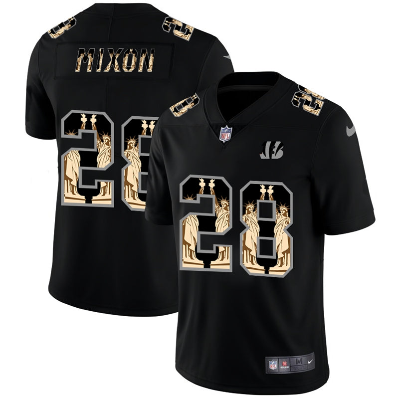 Custom Bengals 28 Joe Mixon Black Statue Of Liberty Limited Jersey