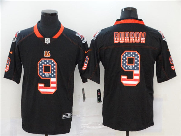 Custom Bengals 9 Joe Burrow Black USA Flag Fashion Limited Jersey