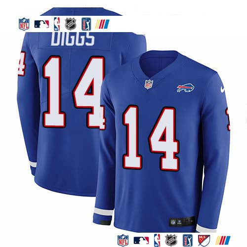 Custom Bills #14 Stefon Diggs Royal Blue Team Color Men’s Stitched NFL Limited Therma Long Sleeve Jersey