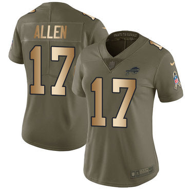 Custom Bills #17 Josh Allen Olive Gold Women’s Stitched NFL Limited 2017 Salute to Service Jersey