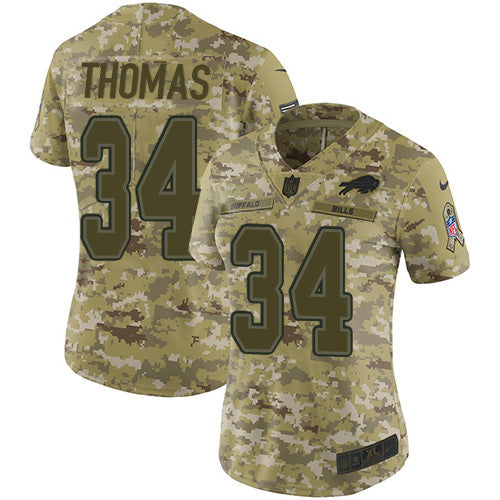 Custom Bills #34 Thurman Thomas Camo Women’s Stitched NFL Limited 2018 Salute to Service Jersey