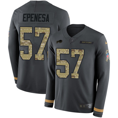 Custom Bills #57 A.J. Epenesas Anthracite Salute to Service Men’s Stitched NFL Limited Therma Long Sleeve Jersey