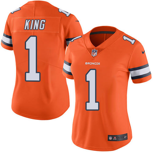 Custom Broncos #1 Marquette King Orange Women’s Stitched NFL Limited Rush Jersey