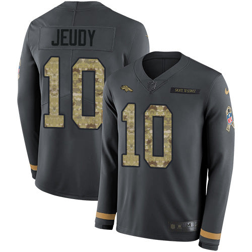 Custom Broncos #10 Jerry Jeudy Anthracite Salute to Service Men’s Stitched NFL Limited Therma Long Sleeve Jersey