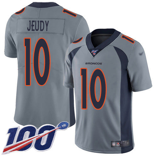Custom Broncos #10 Jerry Jeudy Gray Men’s Stitched NFL Limited Inverted Legend 100th Season Jersey