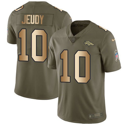Custom Broncos #10 Jerry Jeudy Olive Gold Men’s Stitched NFL Limited 2017 Salute To Service Jersey
