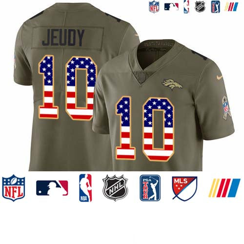 Custom Broncos #10 Jerry Jeudy Olive USA Flag Men’s Stitched NFL Limited 2017 Salute To Service Jersey