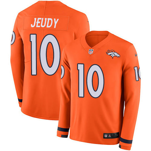 Custom Broncos #10 Jerry Jeudy Orange Team Color Men’s Stitched NFL Limited Therma Long Sleeve Jersey
