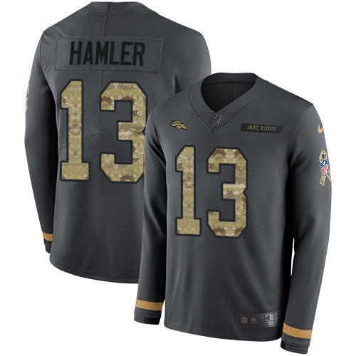 Custom Broncos #13 KJ Hamler Anthracite Salute to Service Men’s Stitched NFL Limited Therma Long Sleeve Jersey