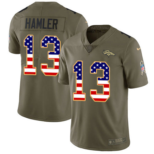 Custom Broncos #13 KJ Hamler Olive USA Flag Men’s Stitched NFL Limited 2017 Salute To Service Jersey