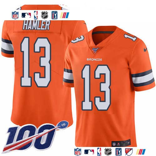 Custom Broncos #13 KJ Hamler Orange Men’s Stitched NFL Limited Rush 100th Season Jersey
