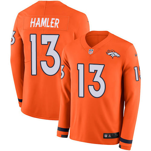 Custom Broncos #13 KJ Hamler Orange Team Color Men’s Stitched NFL Limited Therma Long Sleeve Jersey