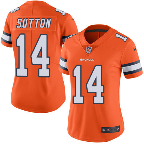 Custom Broncos #14 Courtland Sutton Orange Women’s Stitched NFL Limited Rush Jersey