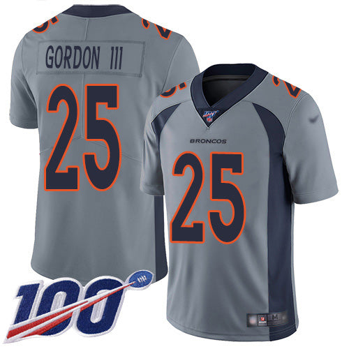 Custom Broncos #25 Melvin Gordon III Gray Men’s Stitched NFL Limited Inverted Legend 100th Season Jersey