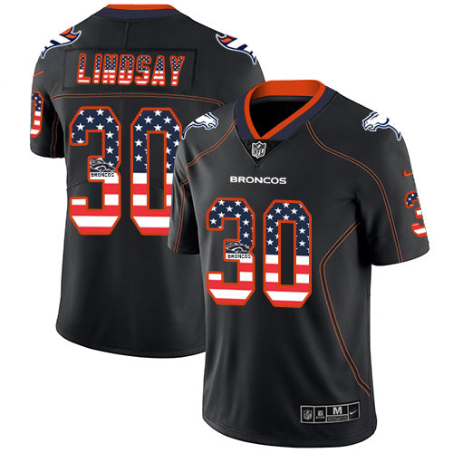 Custom Broncos #30 Phillip Lindsay Black Men’s Stitched NFL Limited Rush USA Flag Jersey