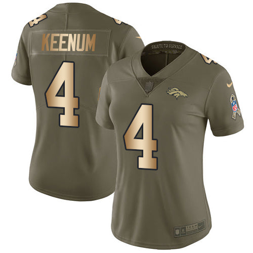 Custom Broncos #4 Case Keenum Olive Gold Women’s Stitched NFL Limited 2017 Salute to Service Jersey