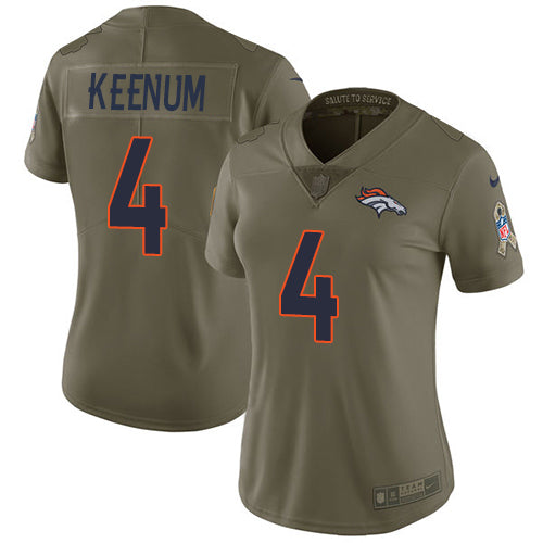 Custom Broncos #4 Case Keenum Olive Women’s Stitched NFL Limited 2017 Salute to Service Jersey