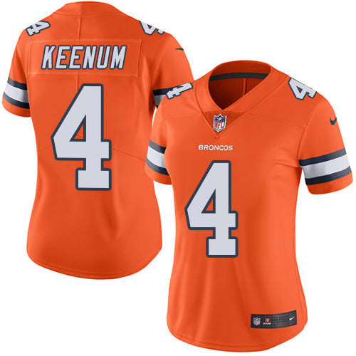Custom Broncos #4 Case Keenum Orange Women’s Stitched NFL Limited Rush Jersey