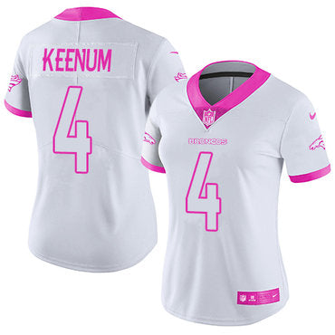 Custom Broncos #4 Case Keenum White Pink Women’s Stitched NFL Limited Rush Fashion Jersey