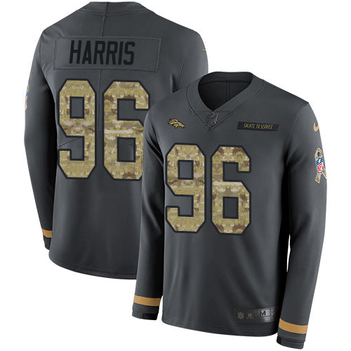 Custom Broncos #96 Shelby Harris Anthracite Salute to Service Men’s Stitched NFL Limited Therma Long Sleeve Jersey