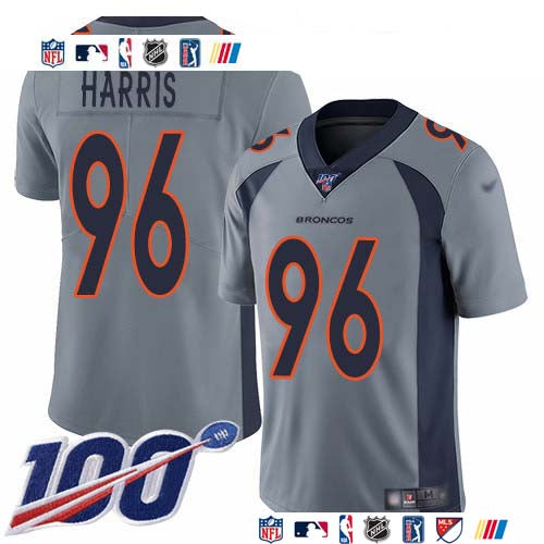 Custom Broncos #96 Shelby Harris Gray Men’s Stitched NFL Limited Inverted Legend 100th Season Jersey
