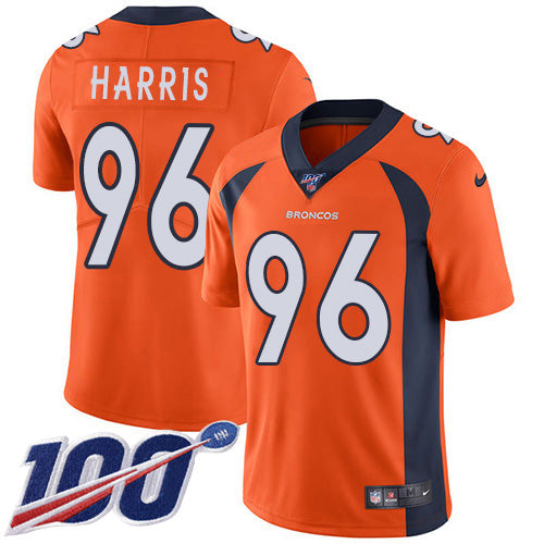 Custom Broncos #96 Shelby Harris Orange Team Color Men’s Stitched NFL 100th Season Vapor Untouchable Limited Jersey