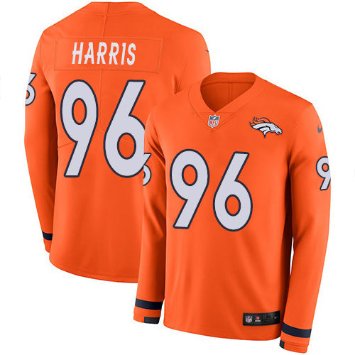 Custom Broncos #96 Shelby Harris Orange Team Color Men’s Stitched NFL Limited Therma Long Sleeve Jersey