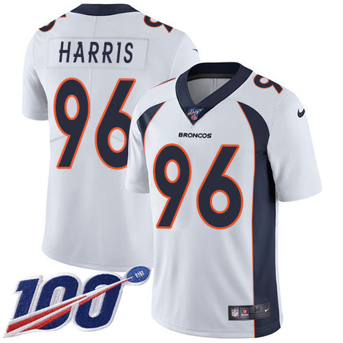 Custom Broncos #96 Shelby Harris White Men’s Stitched NFL 100th Season Vapor Untouchable Limited Jersey