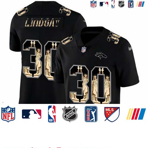 Custom Broncos 30 Phillip Lindsay Black Statue Of Liberty Limited Jersey
