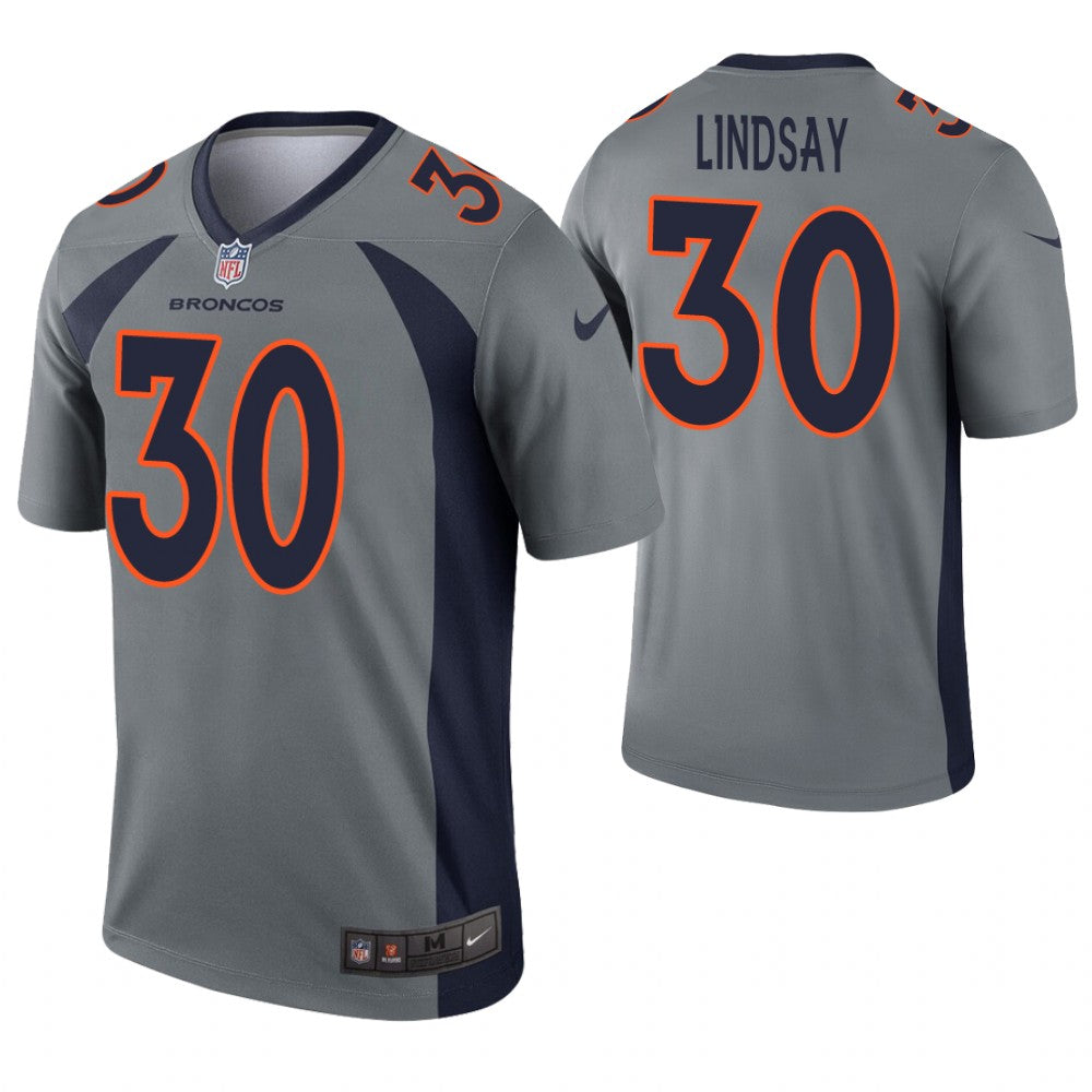 Custom Broncos 30 Phillip Lindsay Gray Inverted Legend Jersey