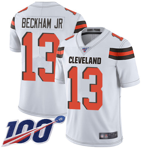 Custom Browns #13 Odell Beckham Jr White Men’s Stitched Football 100th Season Vapor Limited Jersey