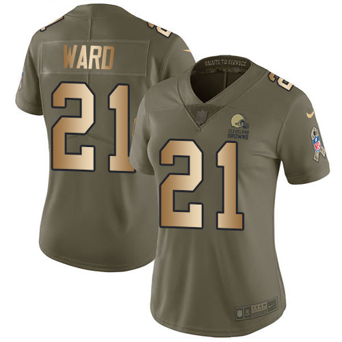 Custom Browns #21 Denzel Ward Olive Gold Women’s Stitched NFL Limited 2017 Salute to Service Jersey