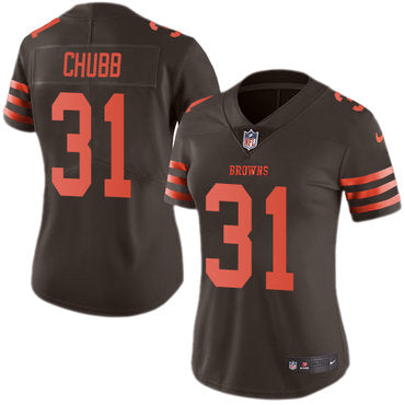 Custom Browns #31 Nick Chubb Brown Women’s Stitched NFL Limited Rush Jersey