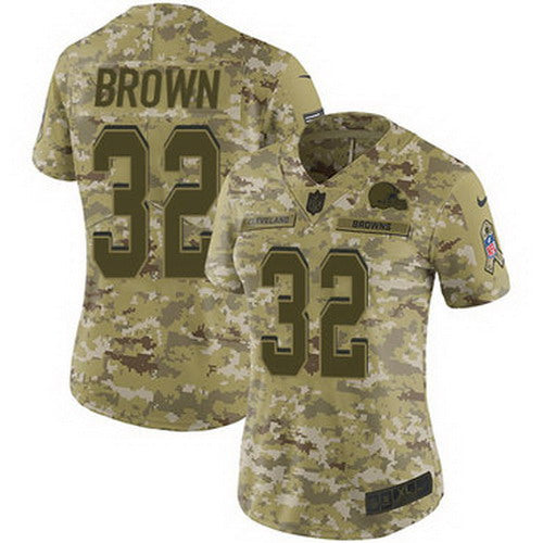 Custom Browns #32 Jim Brown Camo Women’s Stitched NFL Limited 2018 Salute to Service Jersey