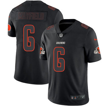 Custom Browns #6 Baker Mayfield Black Men’s Stitched NFL Limited Rush Impact Jersey
