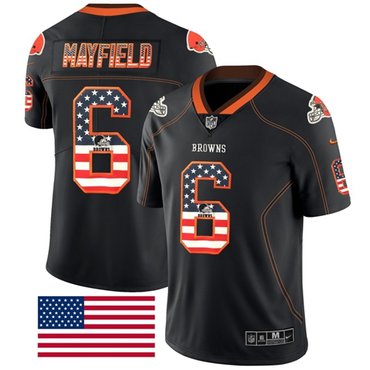 Custom Browns #6 Baker Mayfield Black Men’s Stitched NFL Limited Rush USA Flag Jersey