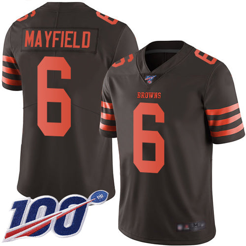 Custom Browns #6 Baker Mayfield Brown Men’s Stitched Football Limited Rush 100th Season Jersey