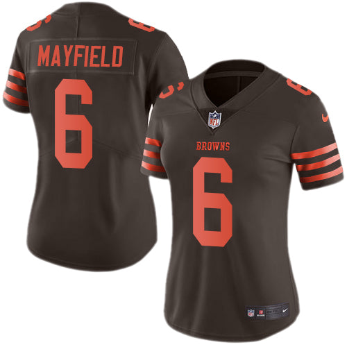 Custom Browns #6 Baker Mayfield Brown Women’s Stitched NFL Limited Rush Jersey