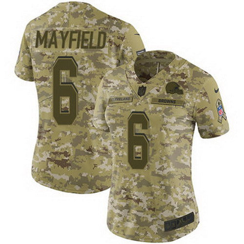 Custom Browns #6 Baker Mayfield Camo Women’s Stitched NFL Limited 2018 Salute to Service Jersey