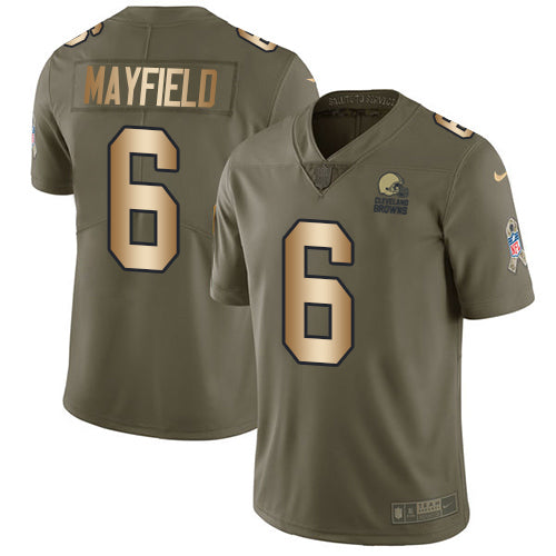 Custom Browns #6 Baker Mayfield Olive Gold Youth Stitched NFL Limited 2017 Salute to Service Jersey