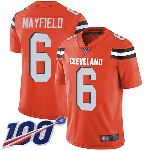 Custom Browns #6 Baker Mayfield Orange Alternate Men’s Stitched Football 100th Season Vapor Limited Jersey