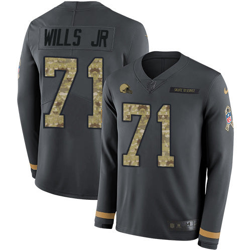 Custom Browns #71 Jedrick Wills JR Anthracite Salute to Service Men’s Stitched NFL Limited Therma Long Sleeve Jersey