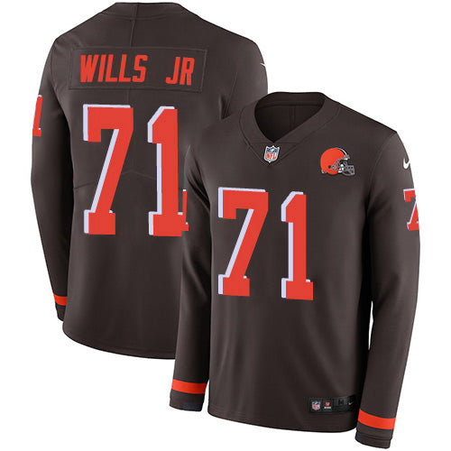 Custom Browns #71 Jedrick Wills JR Brown Team Color Men’s Stitched NFL Limited Therma Long Sleeve Jersey