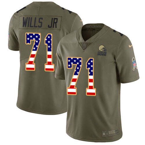 Custom Browns #71 Jedrick Wills JR Olive USA Flag Men’s Stitched NFL Limited 2017 Salute To Service Jersey