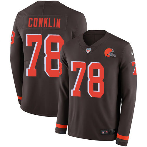 Custom Browns #78 Jack Conklin Brown Team Color Men’s Stitched NFL Limited Therma Long Sleeve Jersey