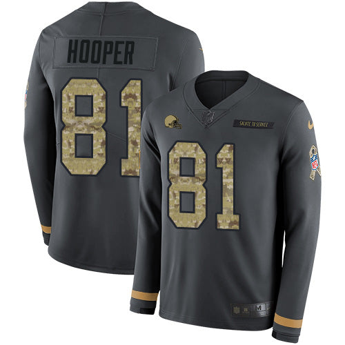 Custom Browns #81 Austin Hooper Anthracite Salute to Service Men’s Stitched NFL Limited Therma Long Sleeve Jersey