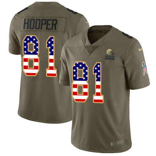 Custom Browns #81 Austin Hooper Olive USA Flag Men’s Stitched NFL Limited 2017 Salute To Service Jersey