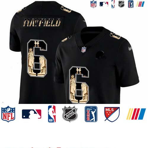 Custom Browns 6 Baker Mayfield Black Statue Of Liberty Limited Jersey